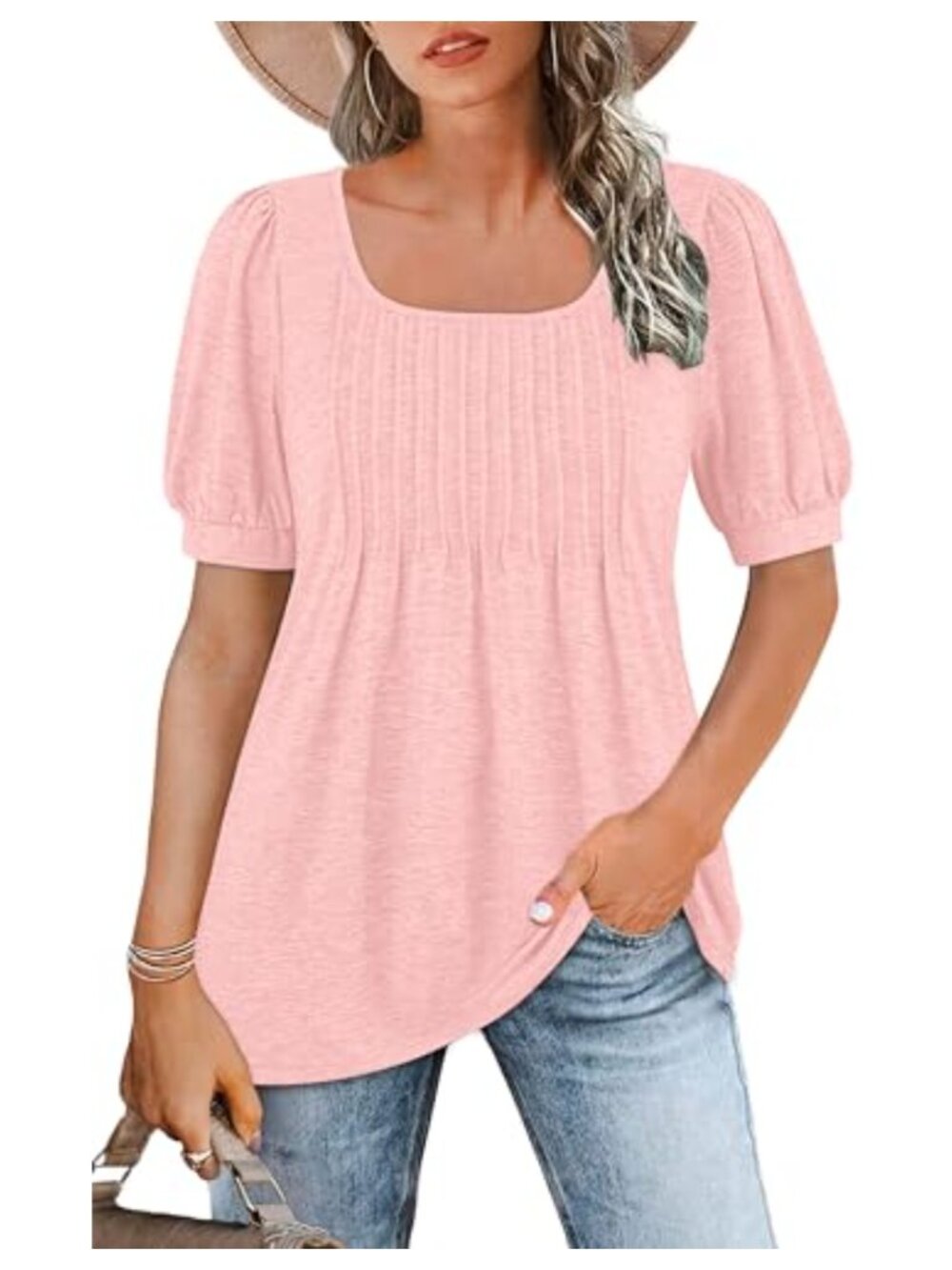 Square Neck Puff Short Sleeve Babydoll Tunic Top